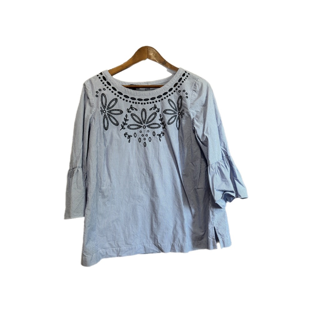 Talbots Blouse Womens L Blue White Excellent Embroidered Bell Sleeve Pinstripe